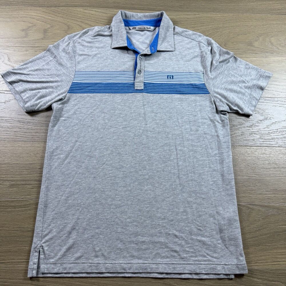 Travis Mathew Shirt Men Medium Golf Polo Gray Blue Stripe Soft Stretch